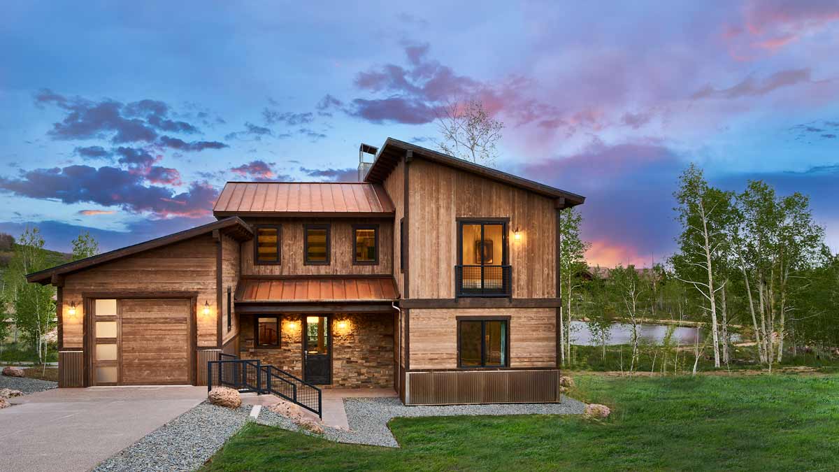 Dusk Cabins Over Lake